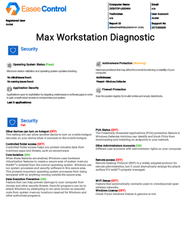Complete security computer scan for PC status on Firewall, Internet connection, Operating System, Antimalware and Firewall protection