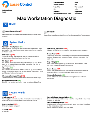Detailed report about PC hardware and Software integrity, CPU, Memory, Hard drive, Battery, System temperatures, fans, critical and major system alarms